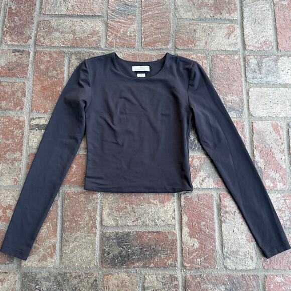 Babaton Contour Aritzia Long Sleeve Cropped Top Black Stretch Crew Double Layer - Picture 1 of 3